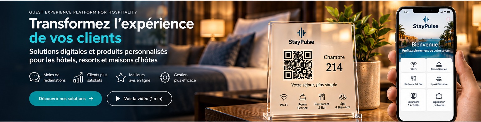 StayPulse Smart Room premium QR plaque in a hotel room